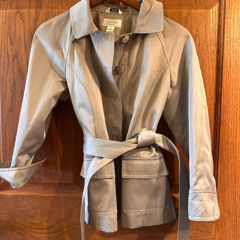 Talbots Gray Trench Coat with Belted Waist and Long Sleeves